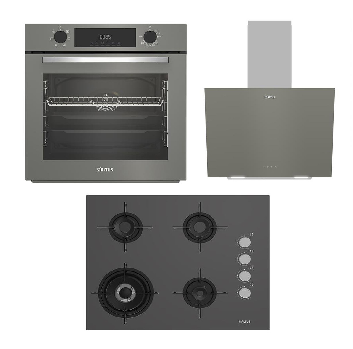 Altus ALA 570 G Davlumbaz-ALA 189 DG Woklu Ocak-ALA 322 G Fırın Gri Cam Ankastre Set