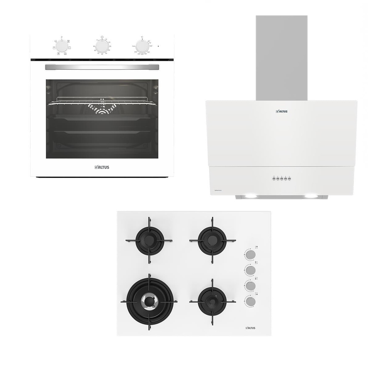 Altus ALA 535 W Davlumbaz-ALA 189 DW Ocak Woklu-ALA 321 W Fırın Beyaz Cam Ankastre Set
